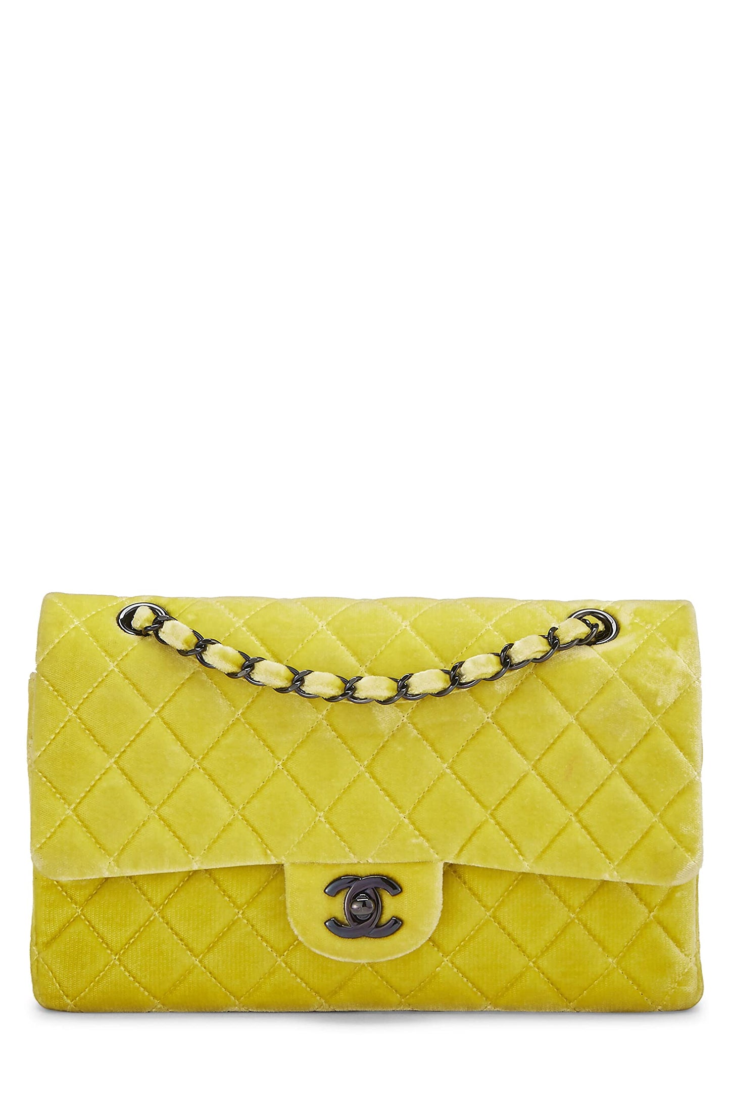 Chanel, sac à rabat double classique en velours matelassé jaune d'occasion, taille M, jaune