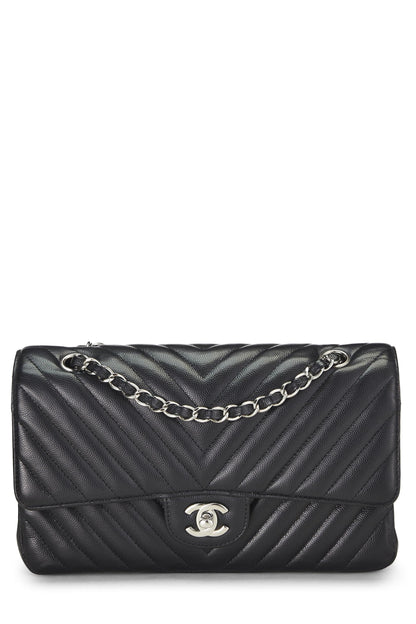 Chanel, sac à main classique à double rabat Black Chevron Caviar Medium d'occasion, noir