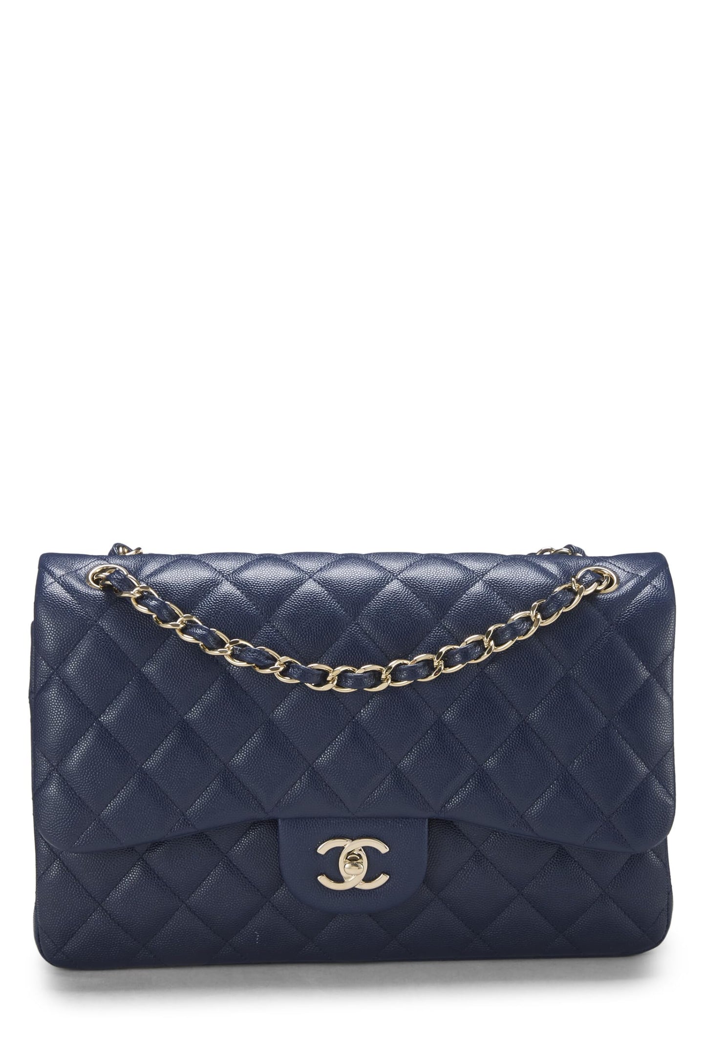 Chanel, sac à main jumbo à double rabat matelassé bleu marine, d'occasion, New Classic, bleu marine