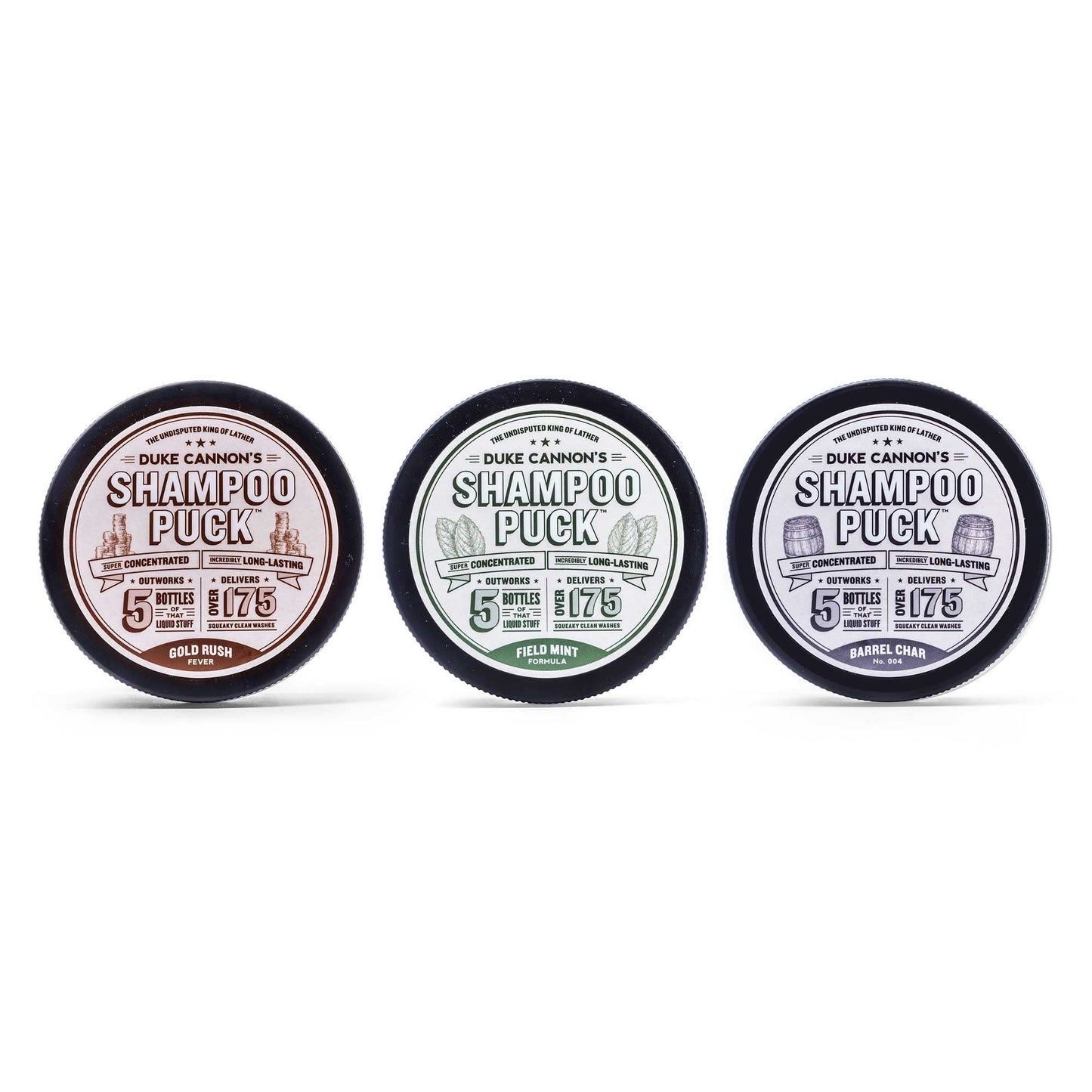 Duke Cannon Mens Shampoo Pucks "Hat Trick" Bundle Solid Shampoo Bars - Field Mint, Gold Rush Fever, Barrel Char No. 004