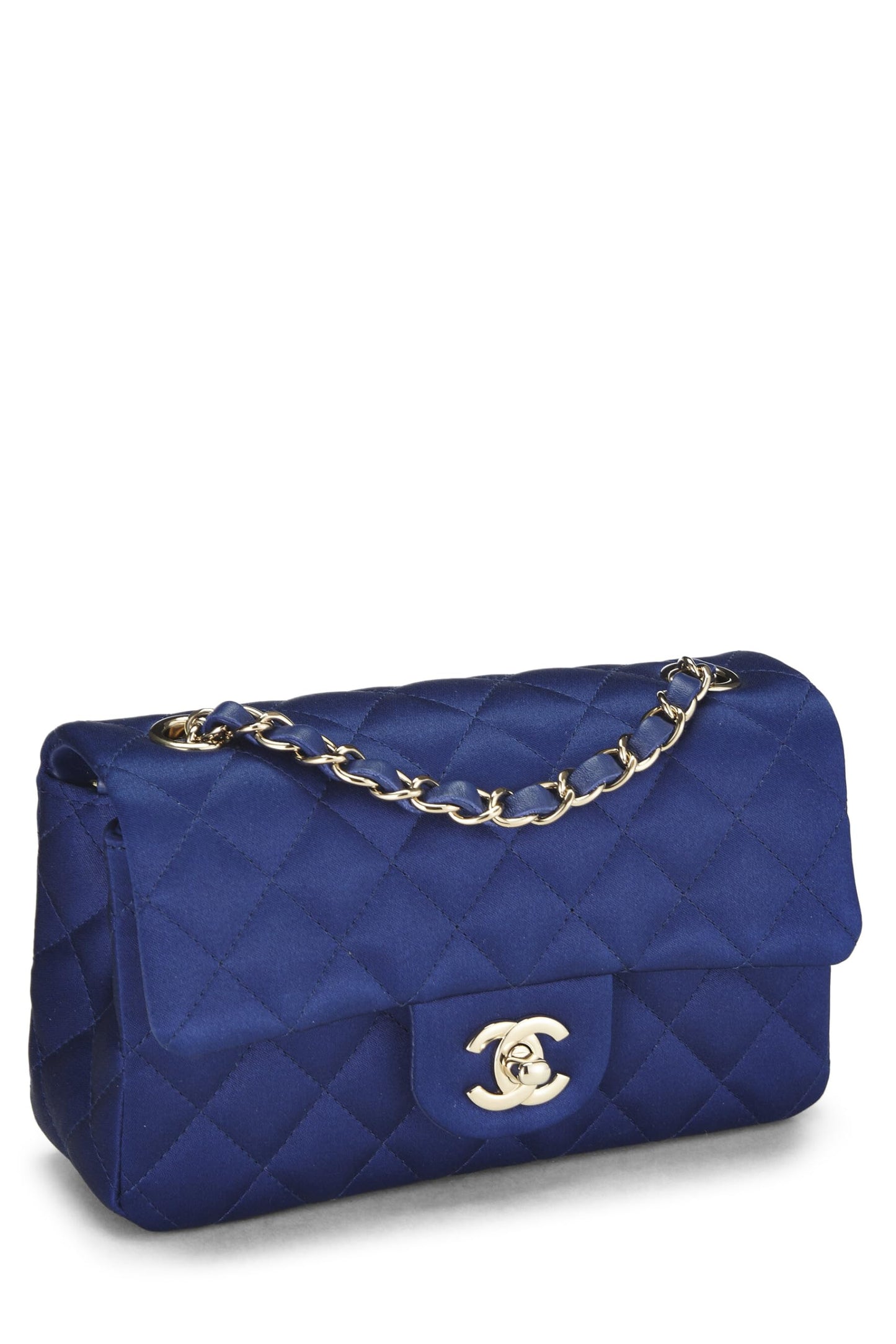 Chanel, Petit sac à rabat rectangulaire en satin bleu marine d'occasion, bleu marine