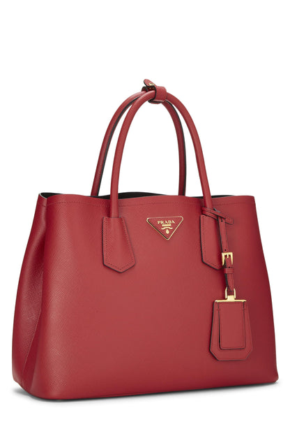 Prada, sac double moyen en saffiano rouge d'occasion, rouge