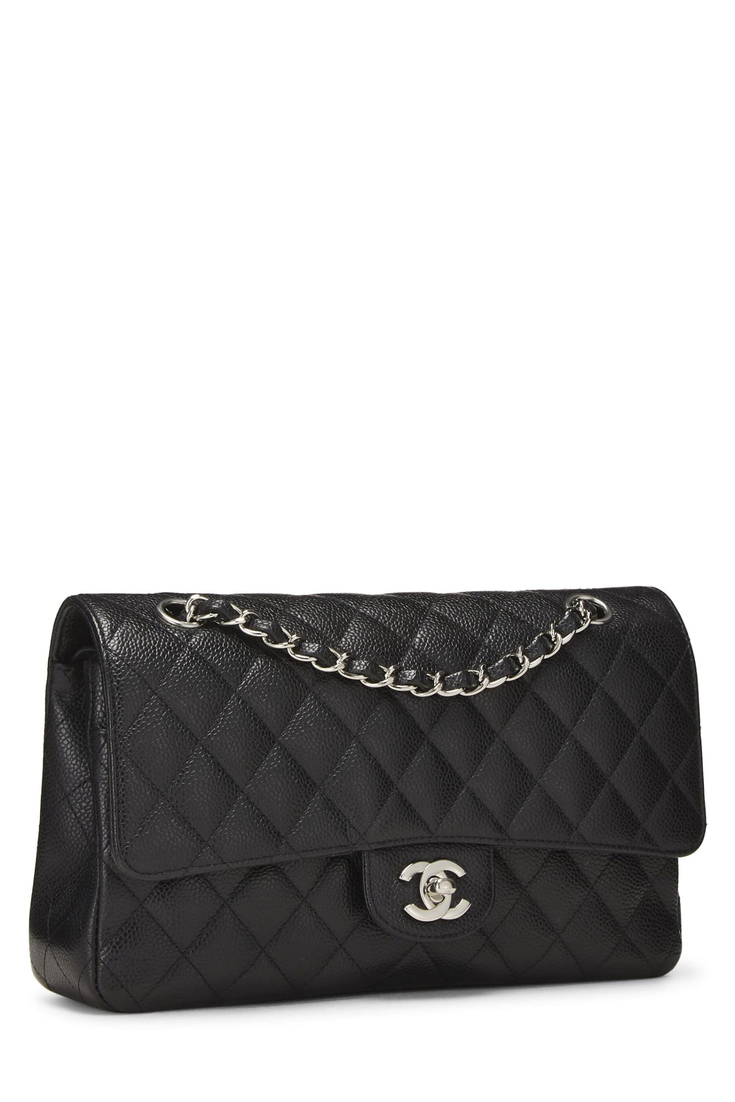 Chanel, sac à main matelassé noir à double rabat classique de taille moyenne, noir