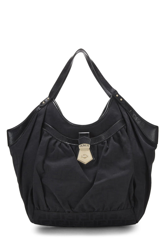 Fendi, Bolso tote grande con bolsillo para chef de lona Zucca en color negro Pre-Loved, Negro