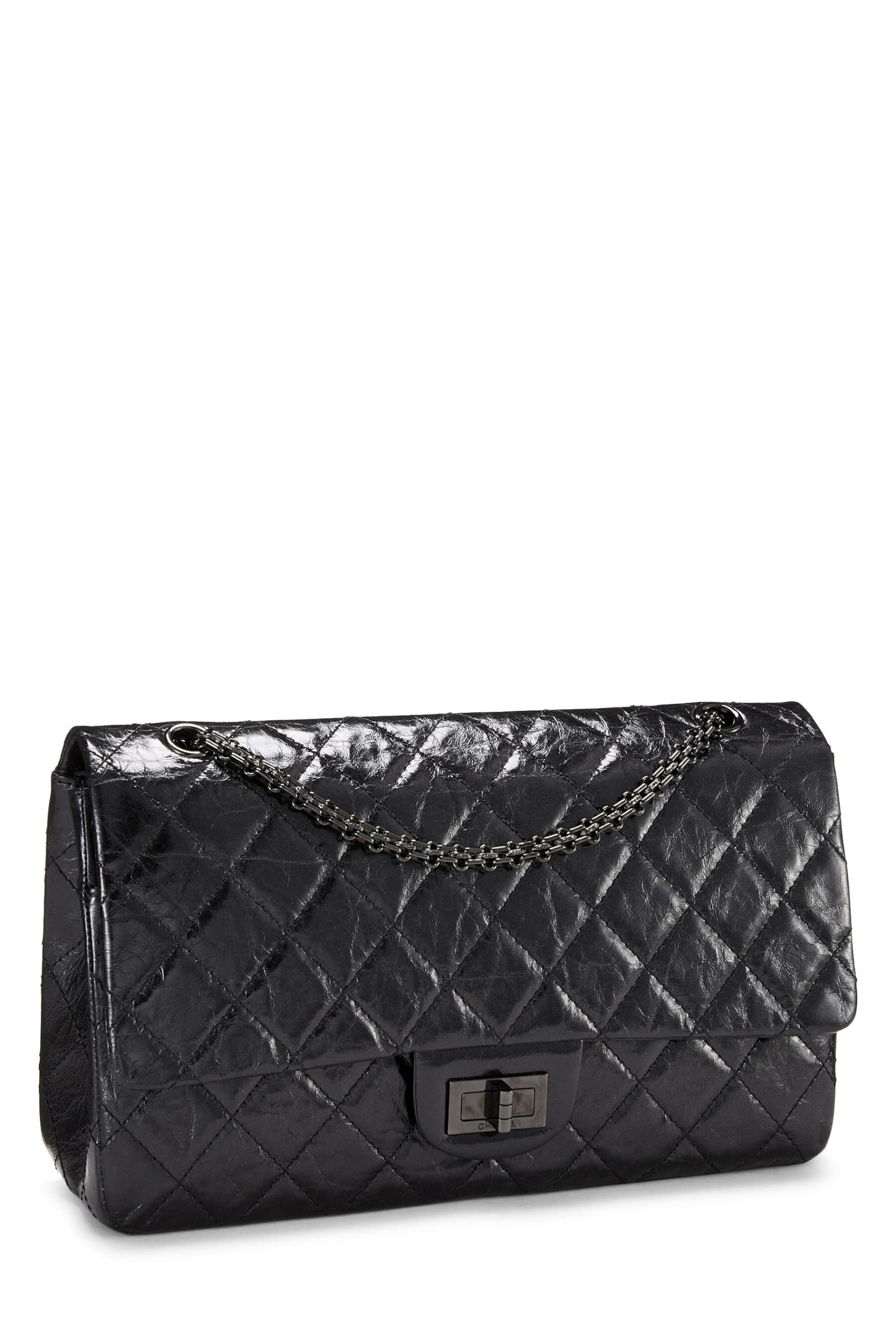 Chanel, Solapa de reedición 2.55 de piel de becerro negra Pre-Loved 227, Negro