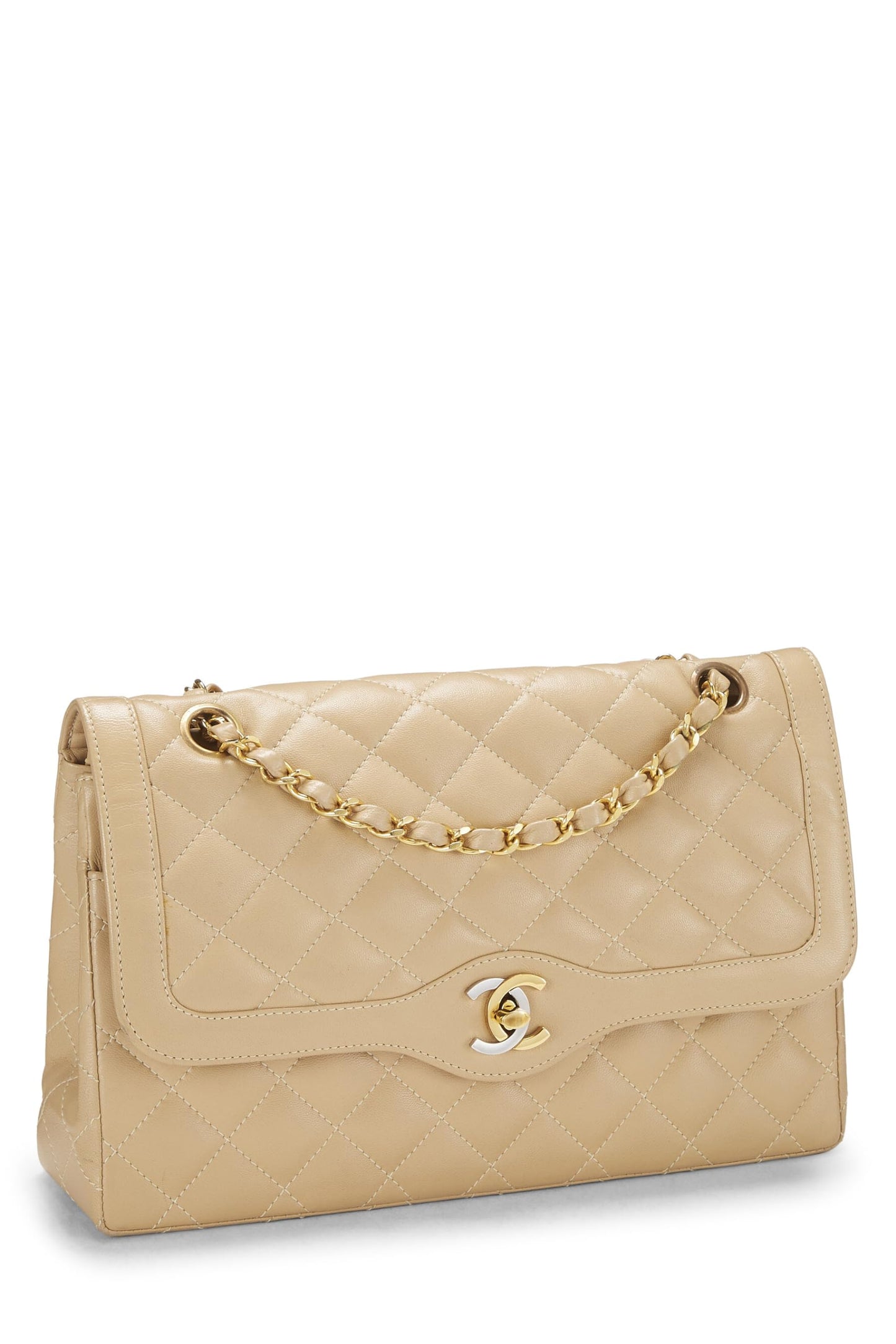 Chanel, sac à rabat double en cuir d'agneau matelassé beige d'occasion, édition limitée, taille M, beige