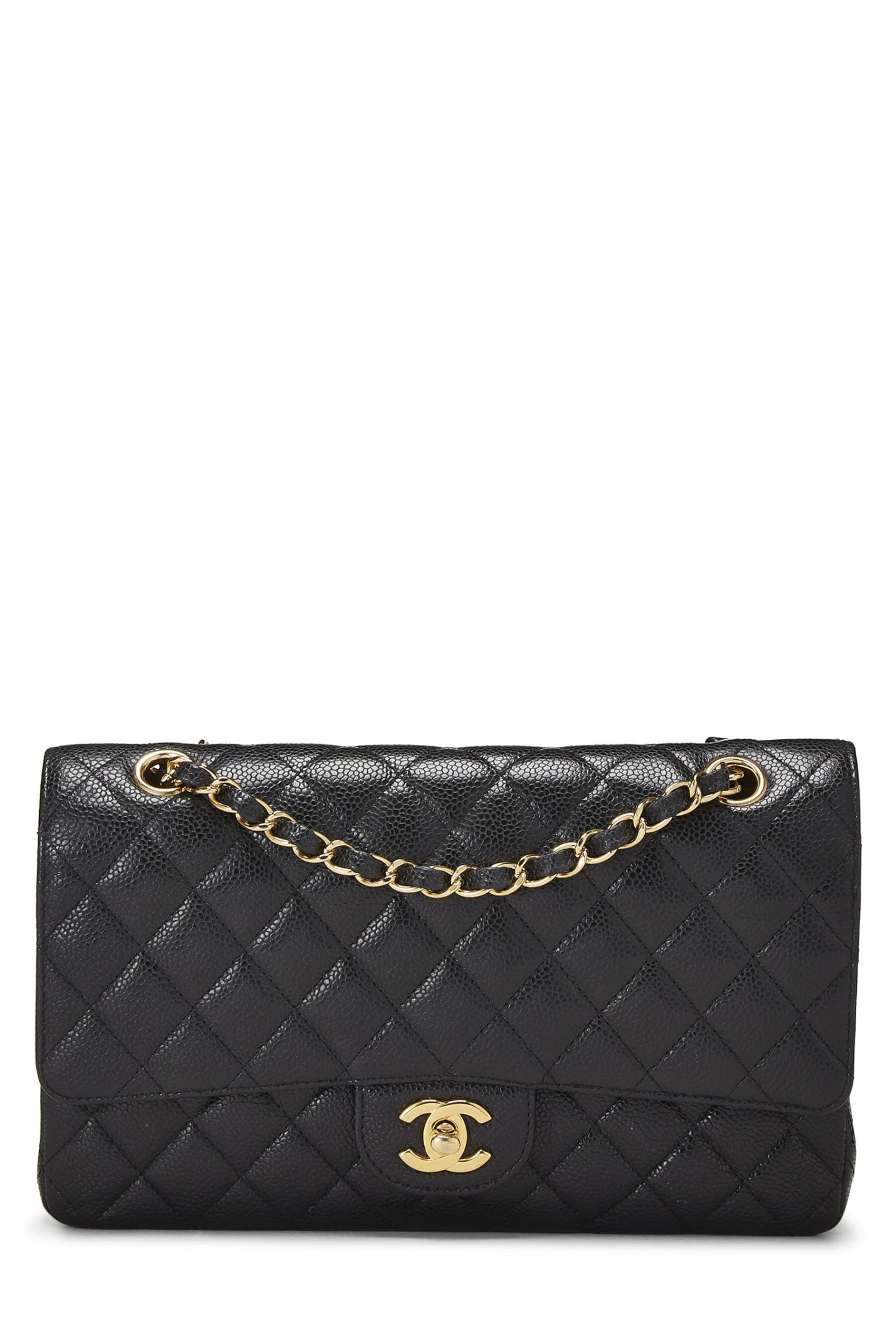 Chanel, sac à main matelassé noir à double rabat classique de taille moyenne, noir