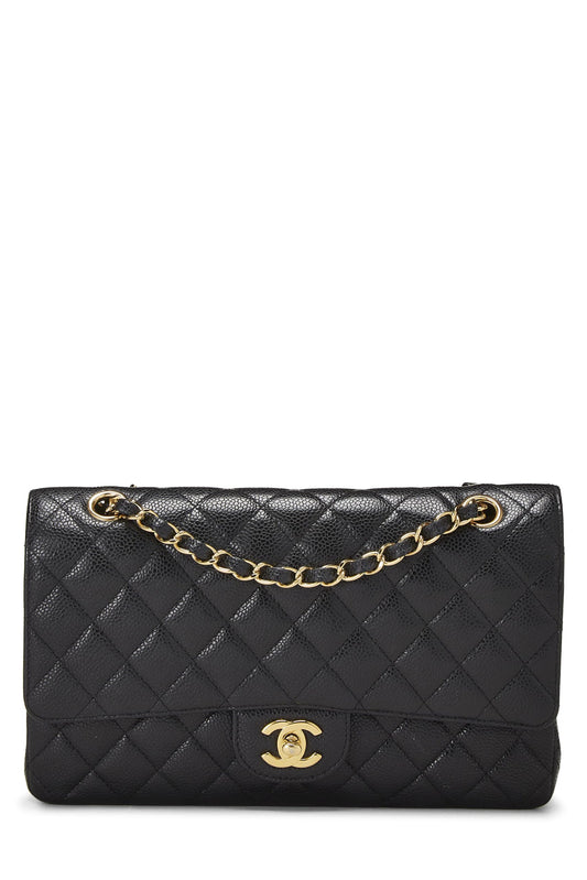 Chanel, sac à main matelassé noir à double rabat classique de taille moyenne, noir