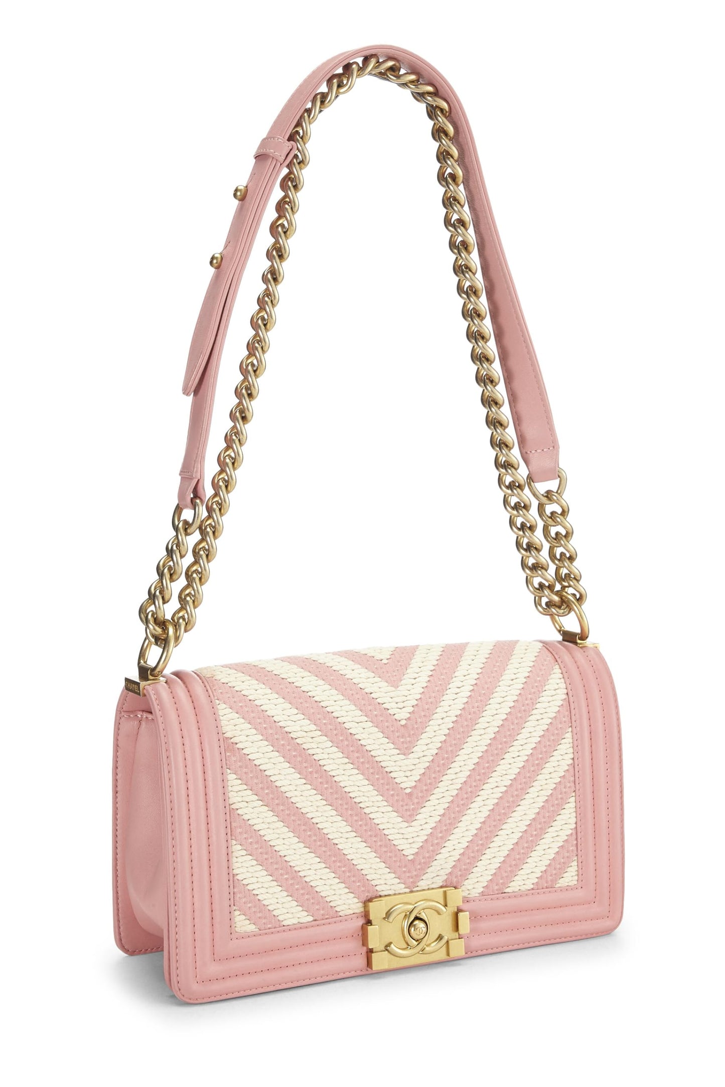 Chanel, Bolso chico mediano con chevron tejido en rosa y blanco Pre-Loved, Rosa