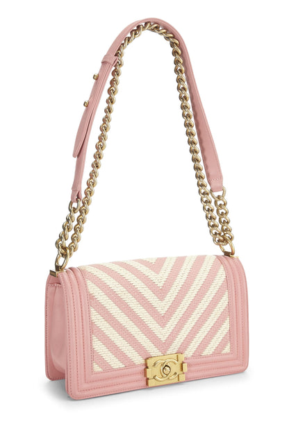 Chanel, sac Boy tissé rose et blanc de taille moyenne, rose