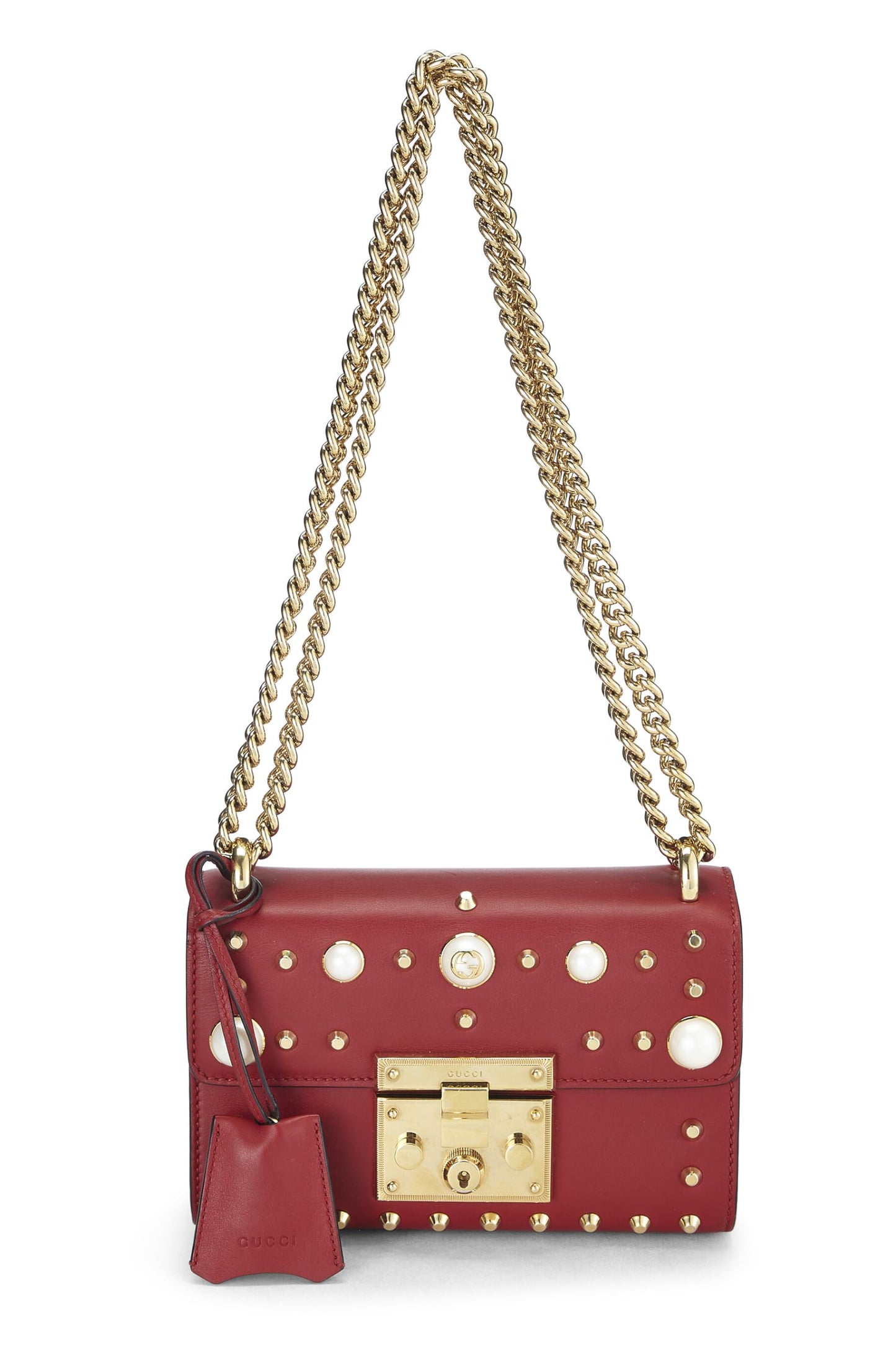 Gucci, Bolso de hombro con candado de perlas de imitación y tachuelas de cuero rojo Pre-Loved, Rojo