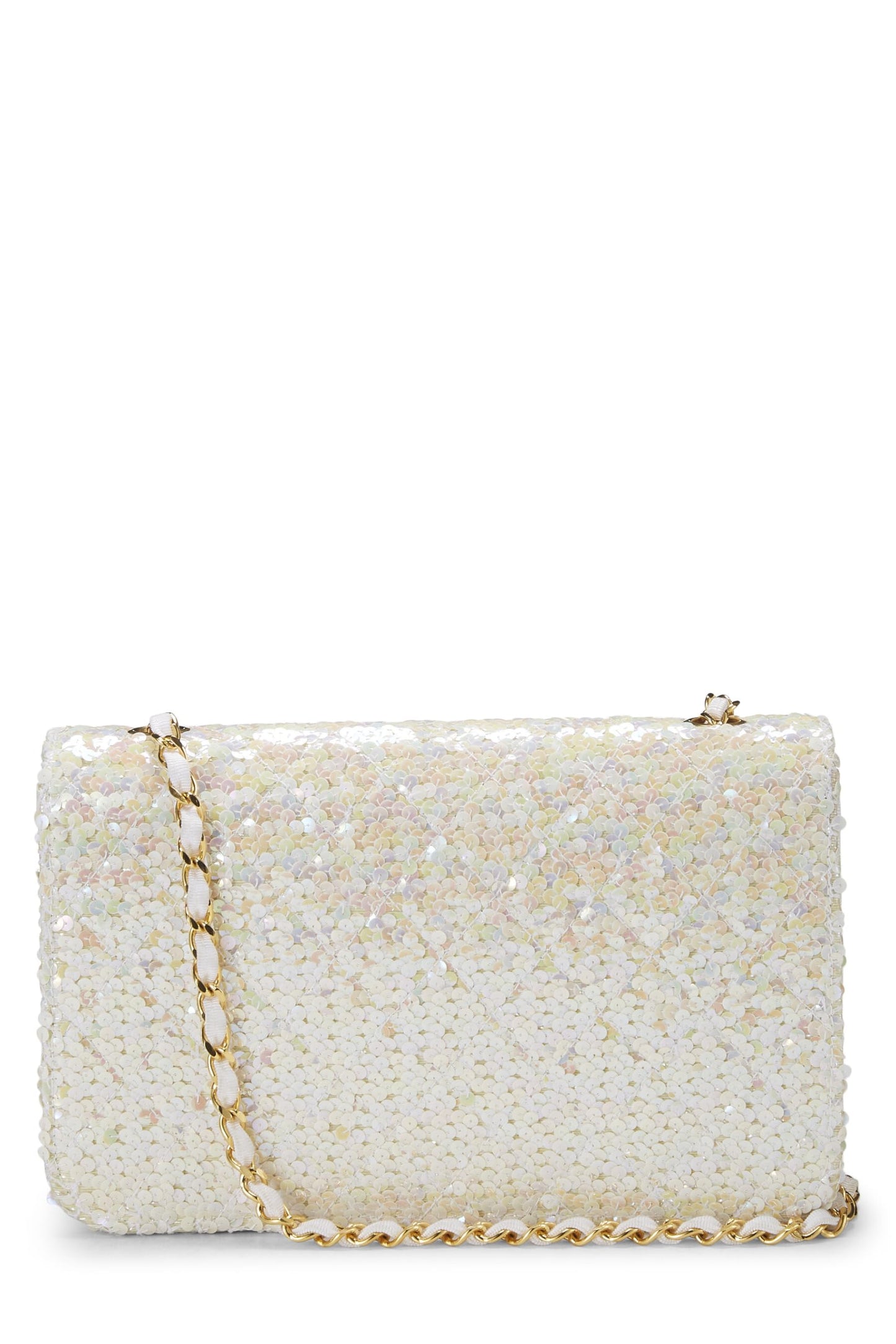 Chanel, sac à rabat demi-taille à sequins blancs d'occasion, taille moyenne, blanc