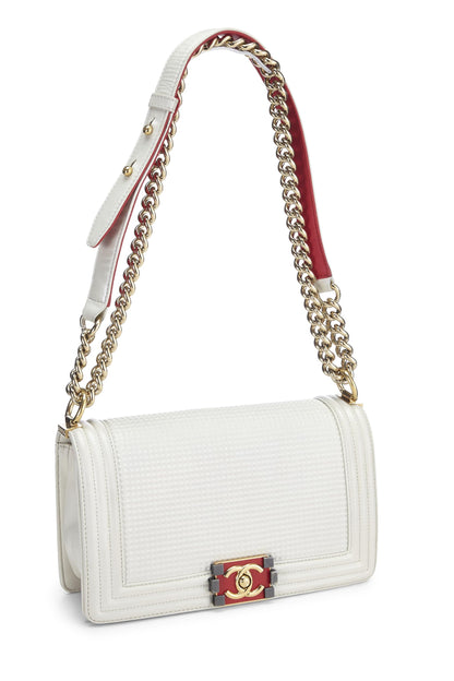 Chanel, Bolso chico mediano de piel de becerro con relieve de cubo blanco Pre-Loved, Blanco