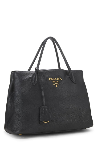 Prada, sac fourre-tout à double bouton-pression Vitello Daino noir d'occasion, taille moyenne, noir