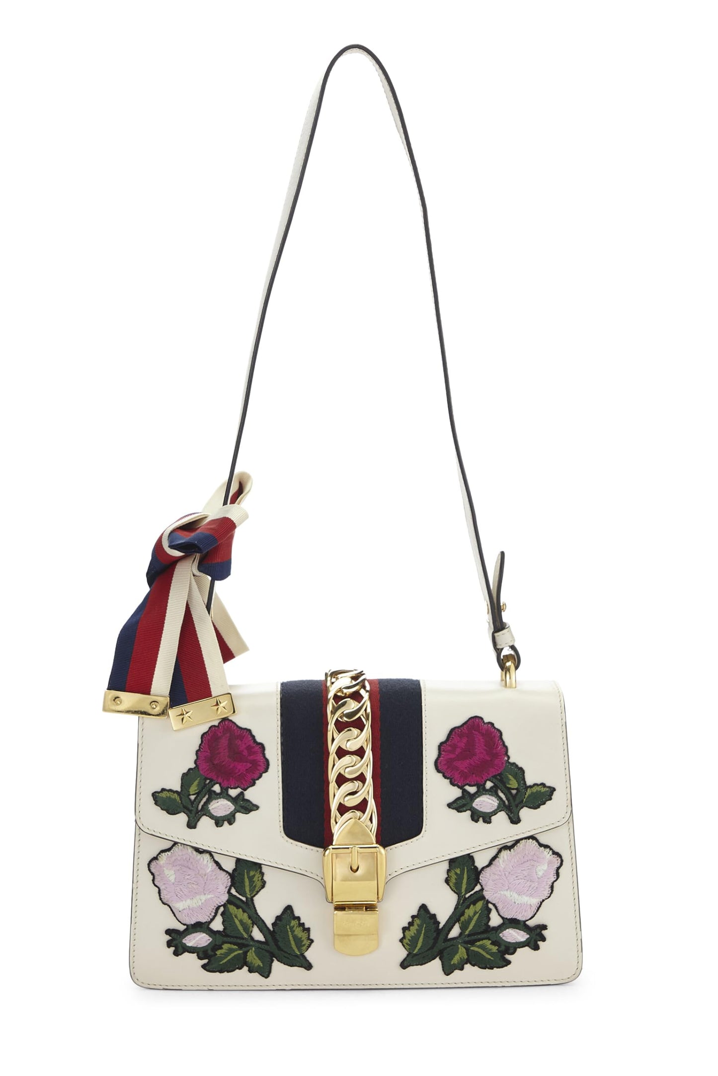 Gucci, Bolso de hombro Sylvie pequeño de cuero blanco bordado Pre-Loved, Blanco