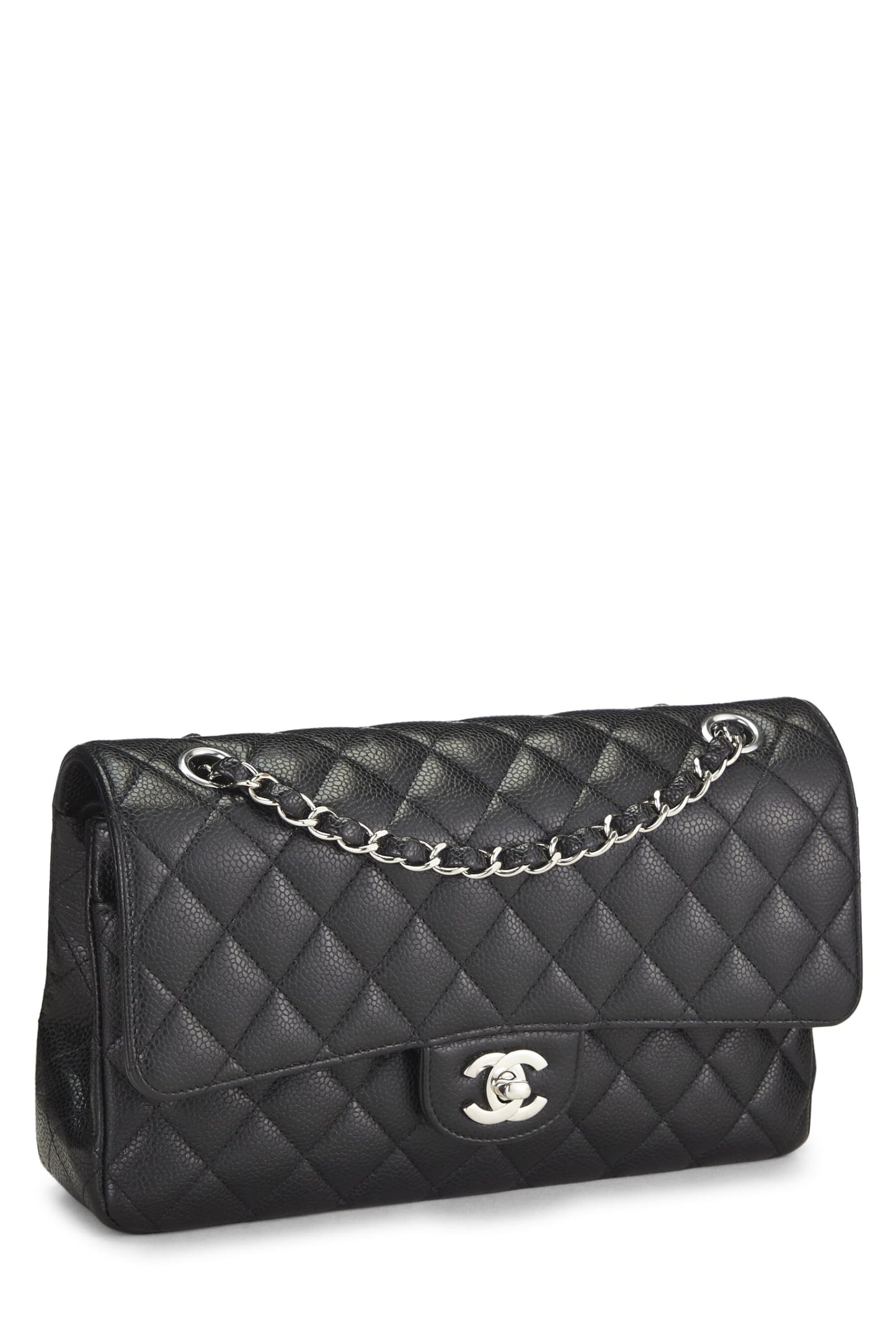 Chanel, sac à main matelassé noir à double rabat classique de taille moyenne, noir