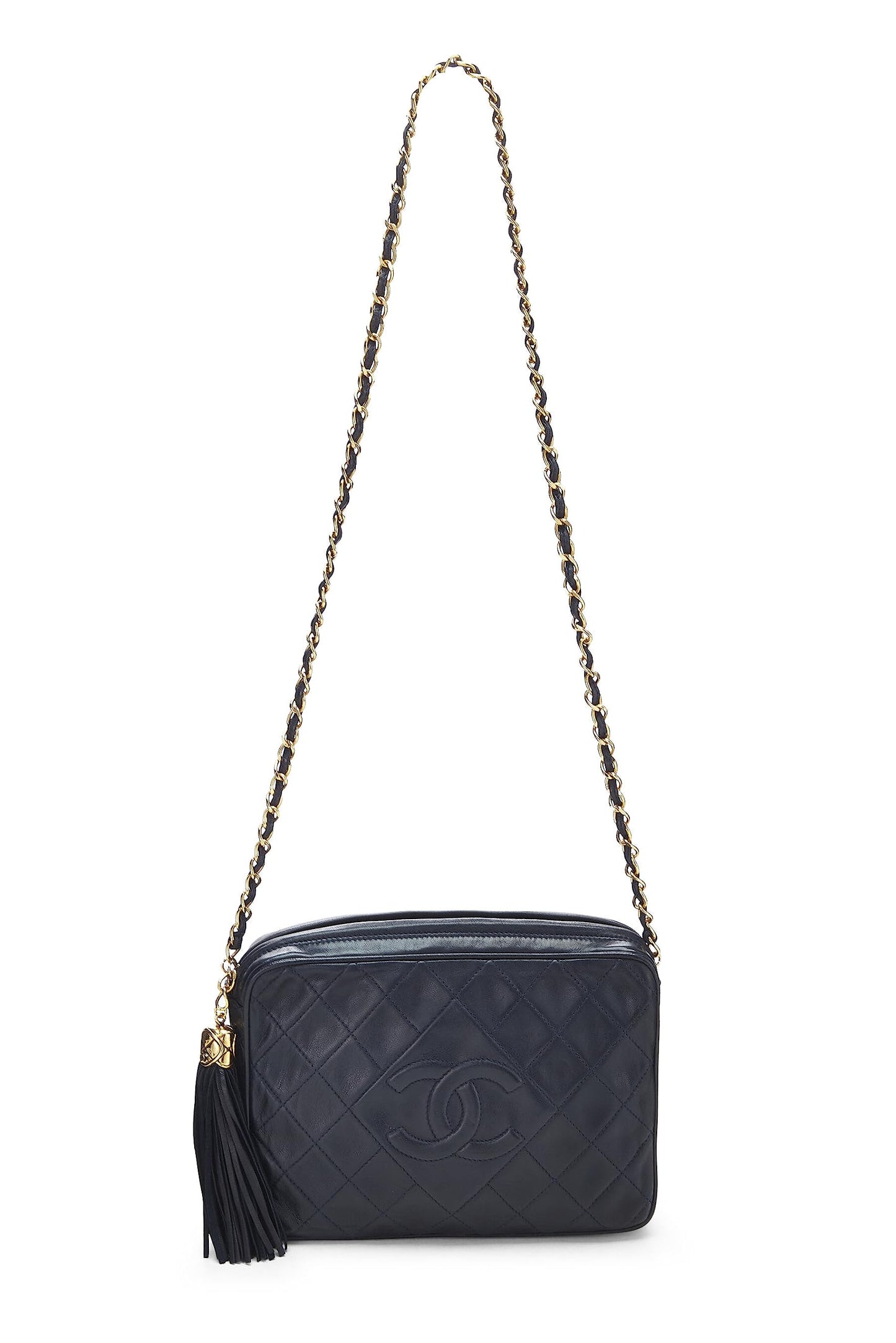 Chanel, sac photo « CC » en cuir d'agneau bleu marine d'occasion, taille moyenne, bleu marine