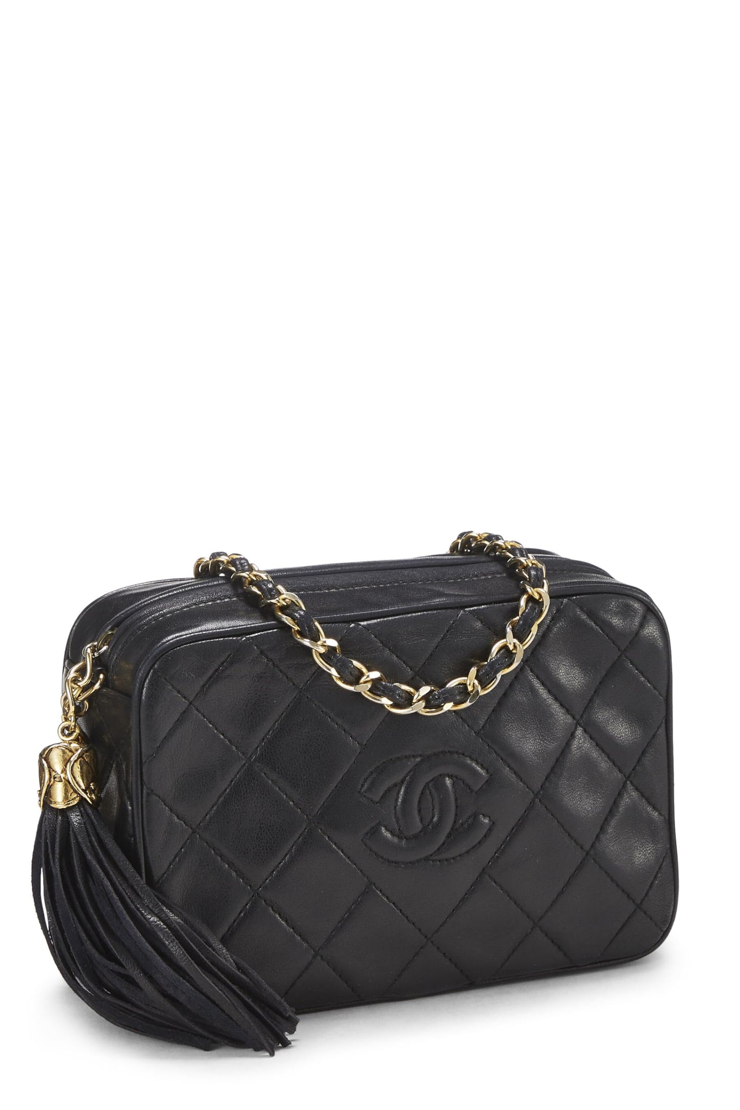 Chanel, Mini bolso para cámara CC Diamond de piel de cordero negra Pre-Loved, Negro