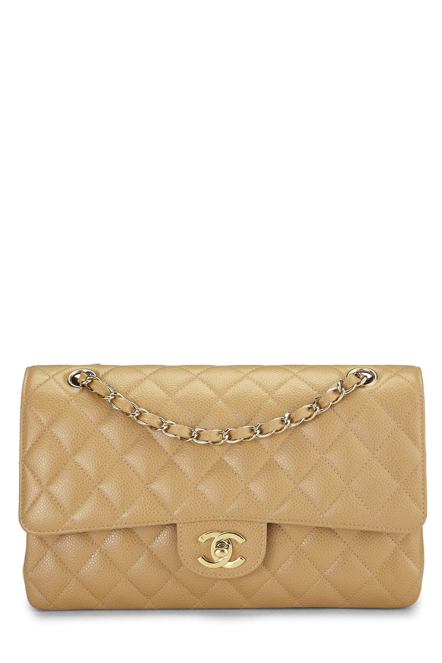 Chanel, sac à rabat double classique matelassé beige caviar d'occasion, taille M, beige