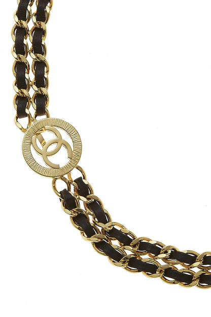 Chanel, Pre-Loved Gold & Black Leather Sunburst Double Chain Belt, Black