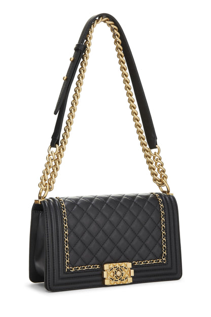 Chanel, sac à main Boy Medium en cuir d'agneau matelassé noir d'occasion avec chaîne, noir