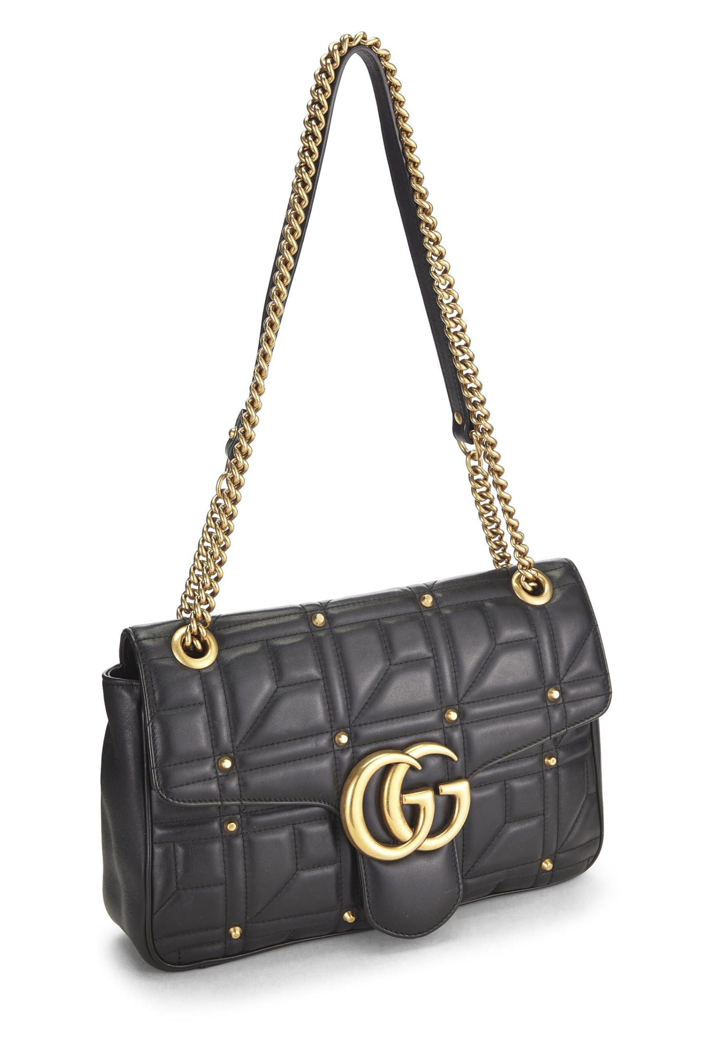 Gucci, Bolso de hombro GG Marmont de cuero con tachuelas negro Pre-Loved, Negro