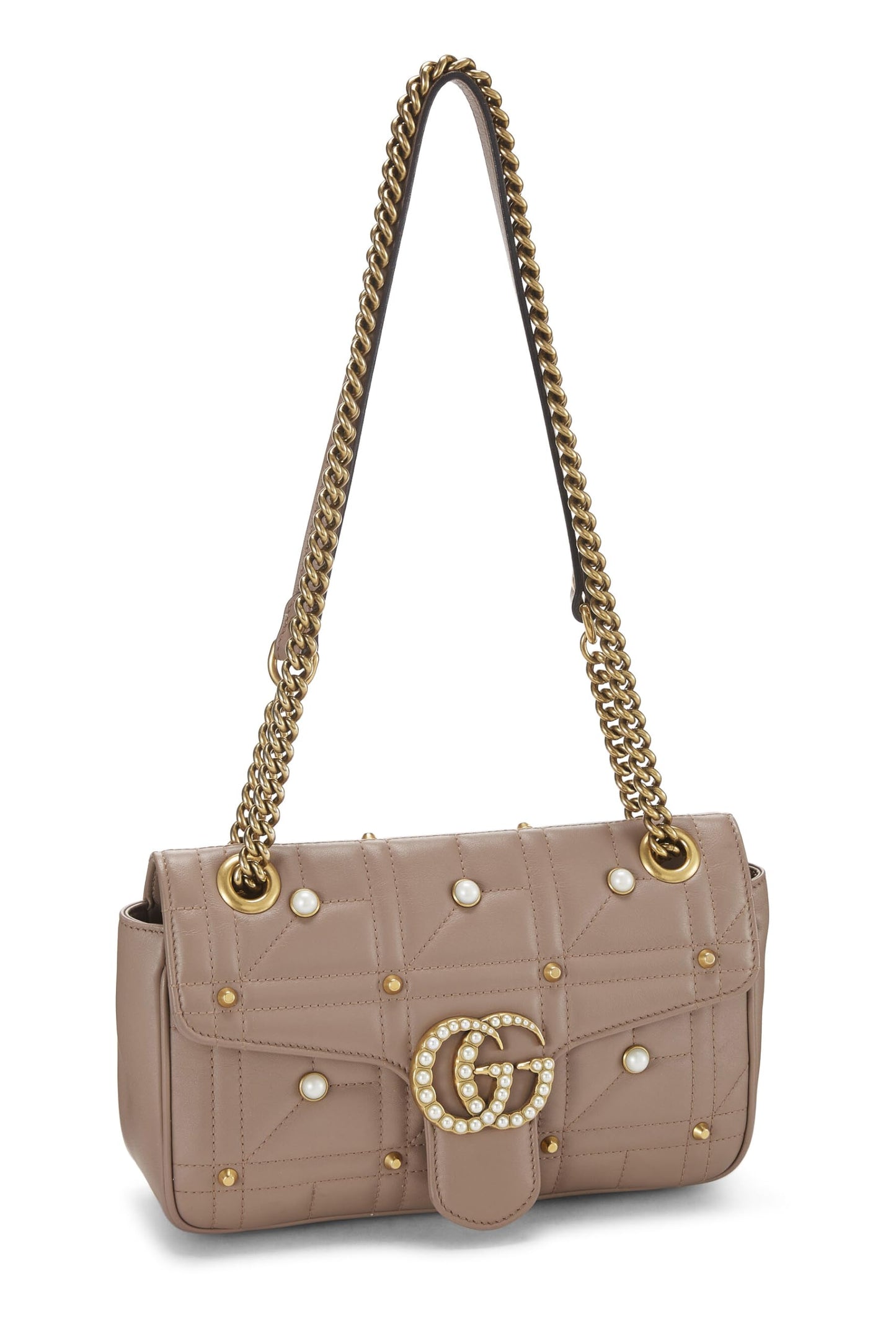 Gucci, Bolso de hombro pequeño GG Marmont de cuero beige y perlas de imitación Pre-Loved, Beige