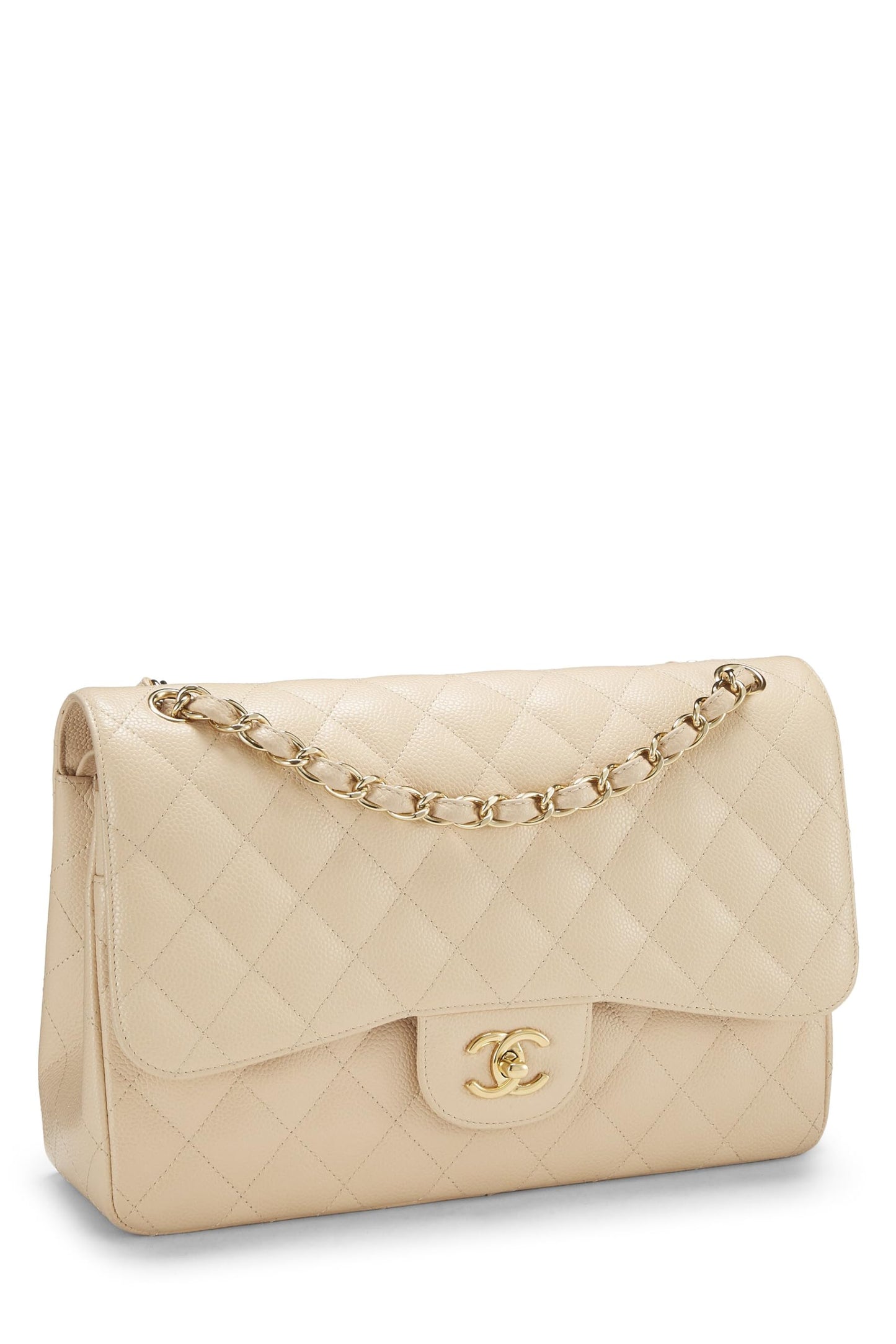 Chanel, Caviar acolchado beige Pre-Loved New Classic Jumbo con doble solapa, Beige