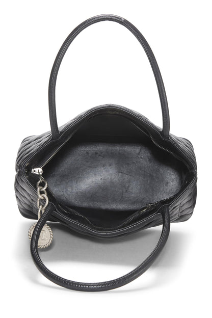 Chanel, sac fourre-tout matelassé noir à médaillon en caviar d'occasion, noir