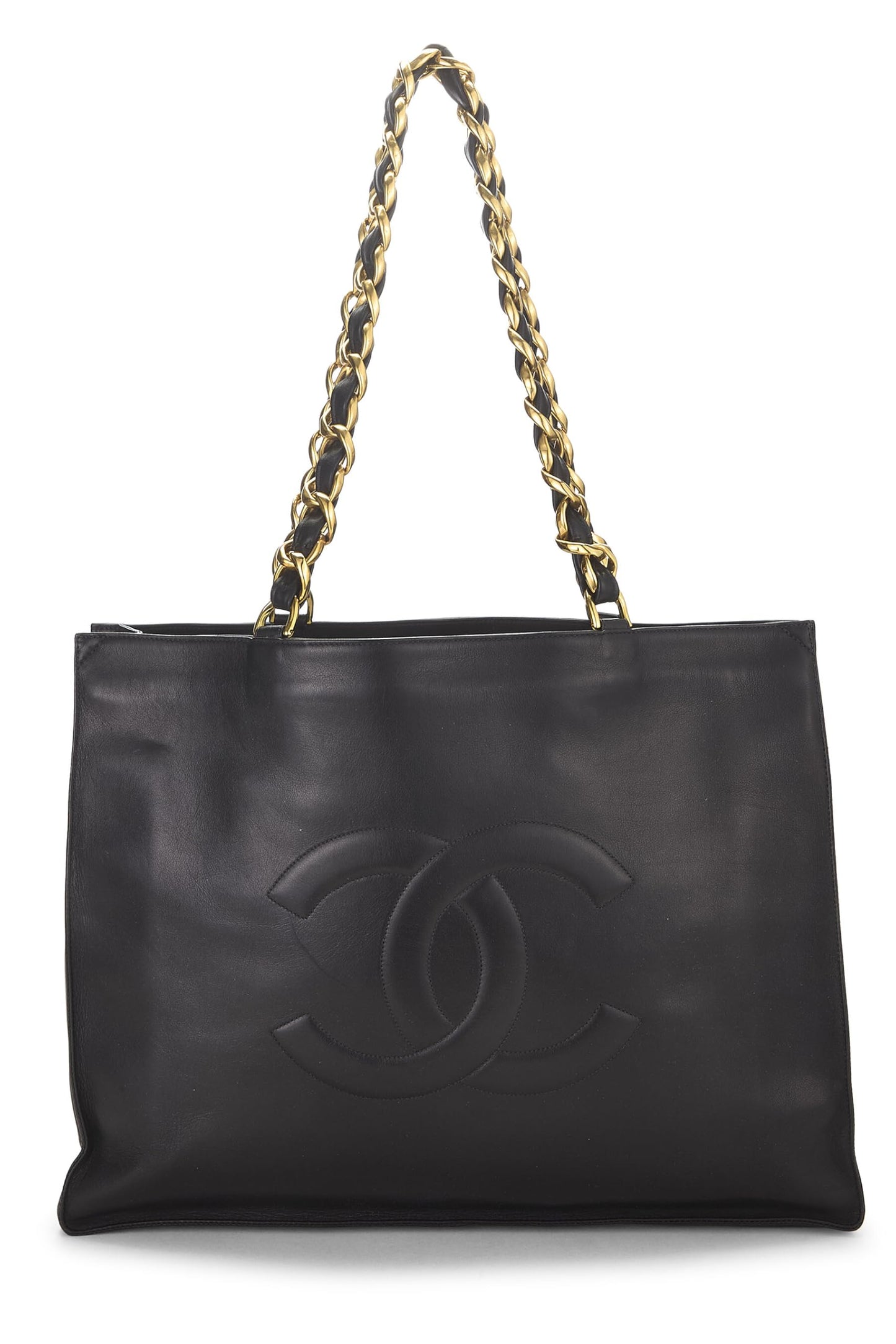 Chanel, sac fourre-tout à poignée plate en cuir d'agneau noir de taille moyenne, d'occasion, noir