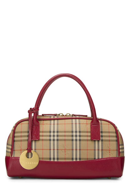 Burberry, sac à main Bowler Haymarket Check rouge d'occasion, petit, marron