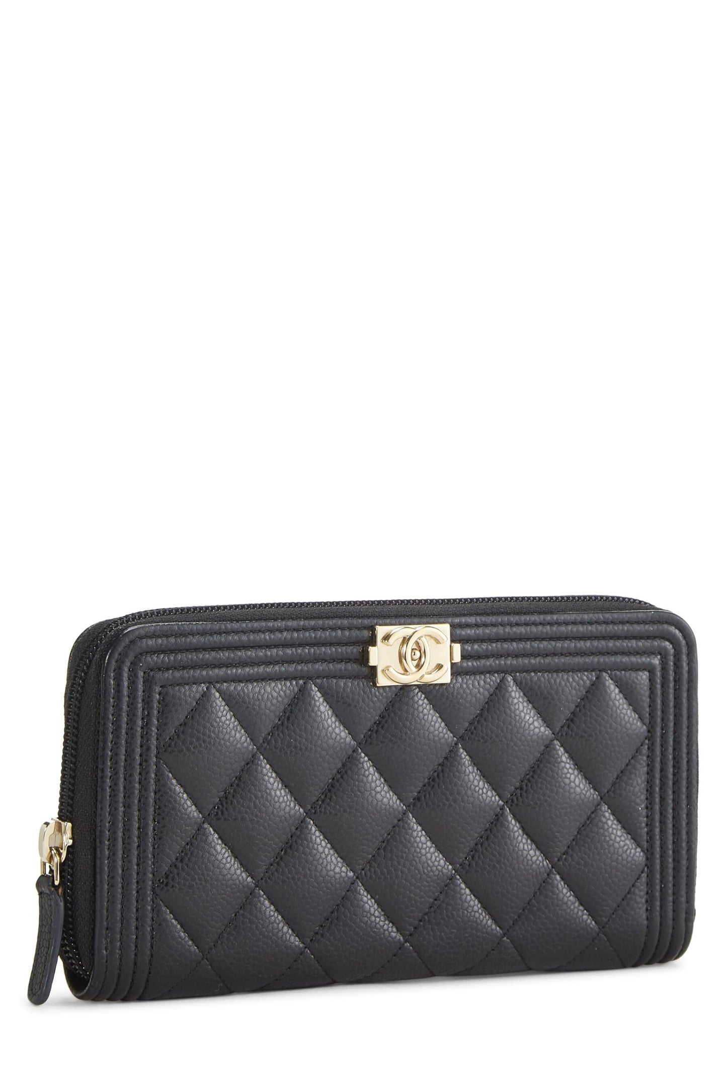 Chanel, portefeuille zippé matelassé noir Caviar Boy d'occasion, noir