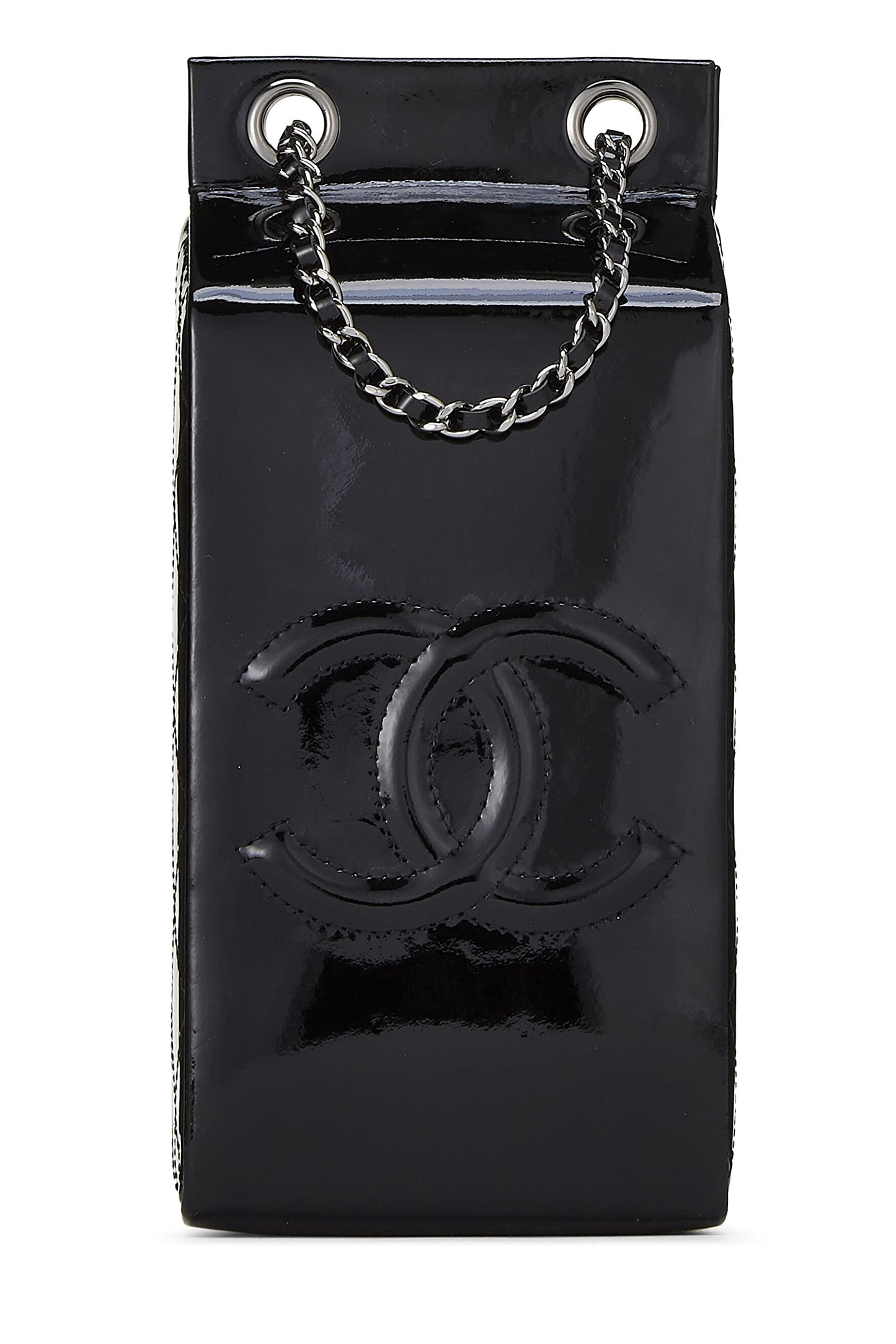 Chanel, sac en carton de lait en cuir verni noir d'occasion, noir