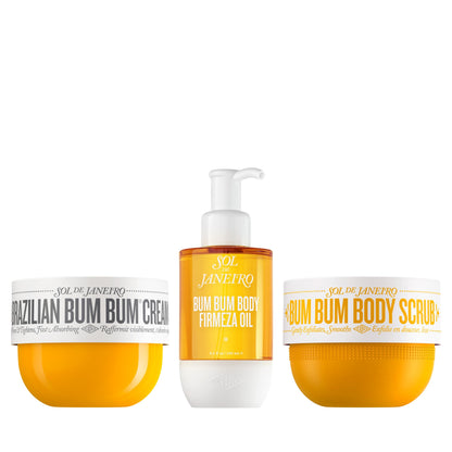 Crema brasileña Bum Bum, aceite corporal Bum Bum Firmeza y exfoliante corporal Bum Bum de SOL DE JANEIRO: el ritual reafirmante definitivo