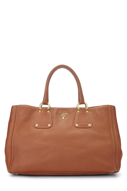 Prada, sac cabas ouvert convertible Vitello Daino marron d'occasion de taille moyenne, marron