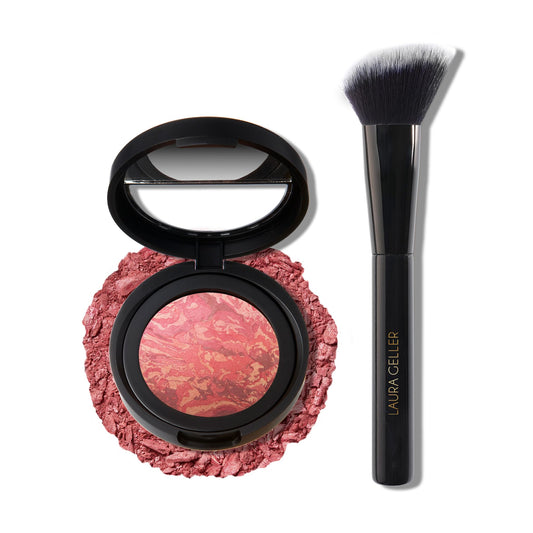 LAURA GELLER Baked Blush-n-Brighten Marbleized Blush + Angled Blush Brush - Ultra-Soft Vegan Bristles - Summer Orchid