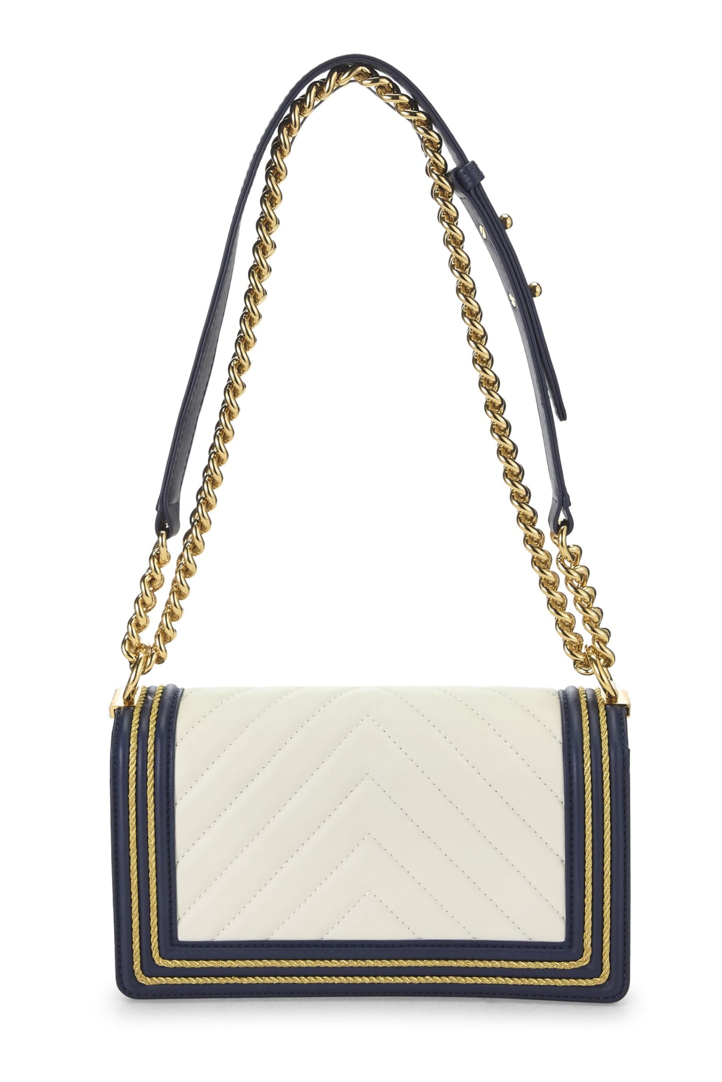 Chanel, sac Boy Medium en cuir de veau bleu marine à bordures en chevrons, d'occasion, bleu marine