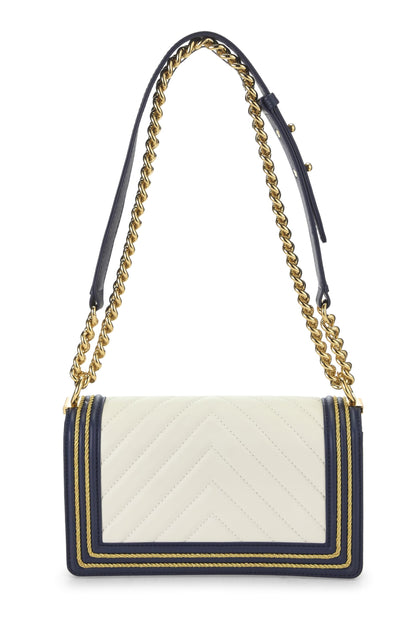 Chanel, Pre-Loved Navy Chevron Calfskin Border Boy Bag Medium, Navy