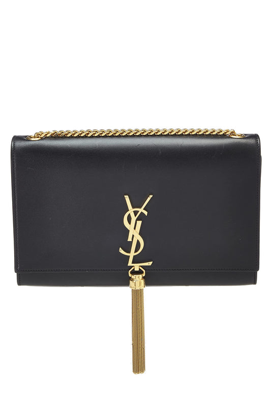 Saint Laurent, Kate Medium en cuir de veau noir avec pompon, d'occasion, noir