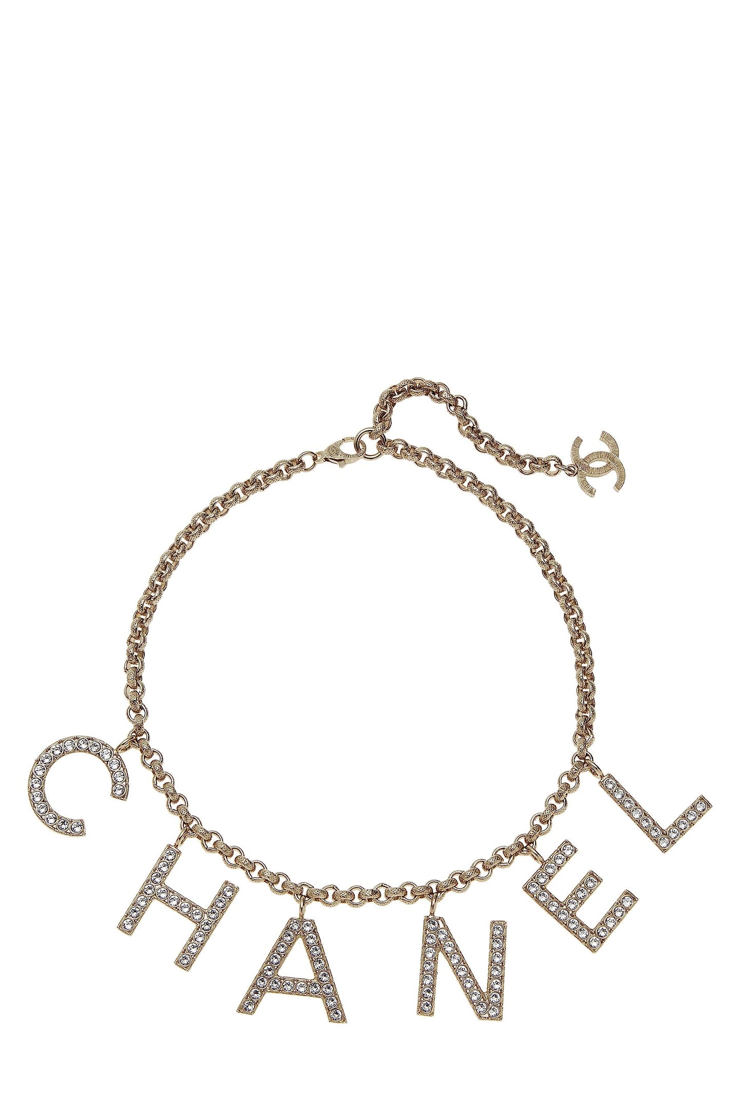 Chanel, Pre-Loved Gold & Crystal Logo Necklace, Gold