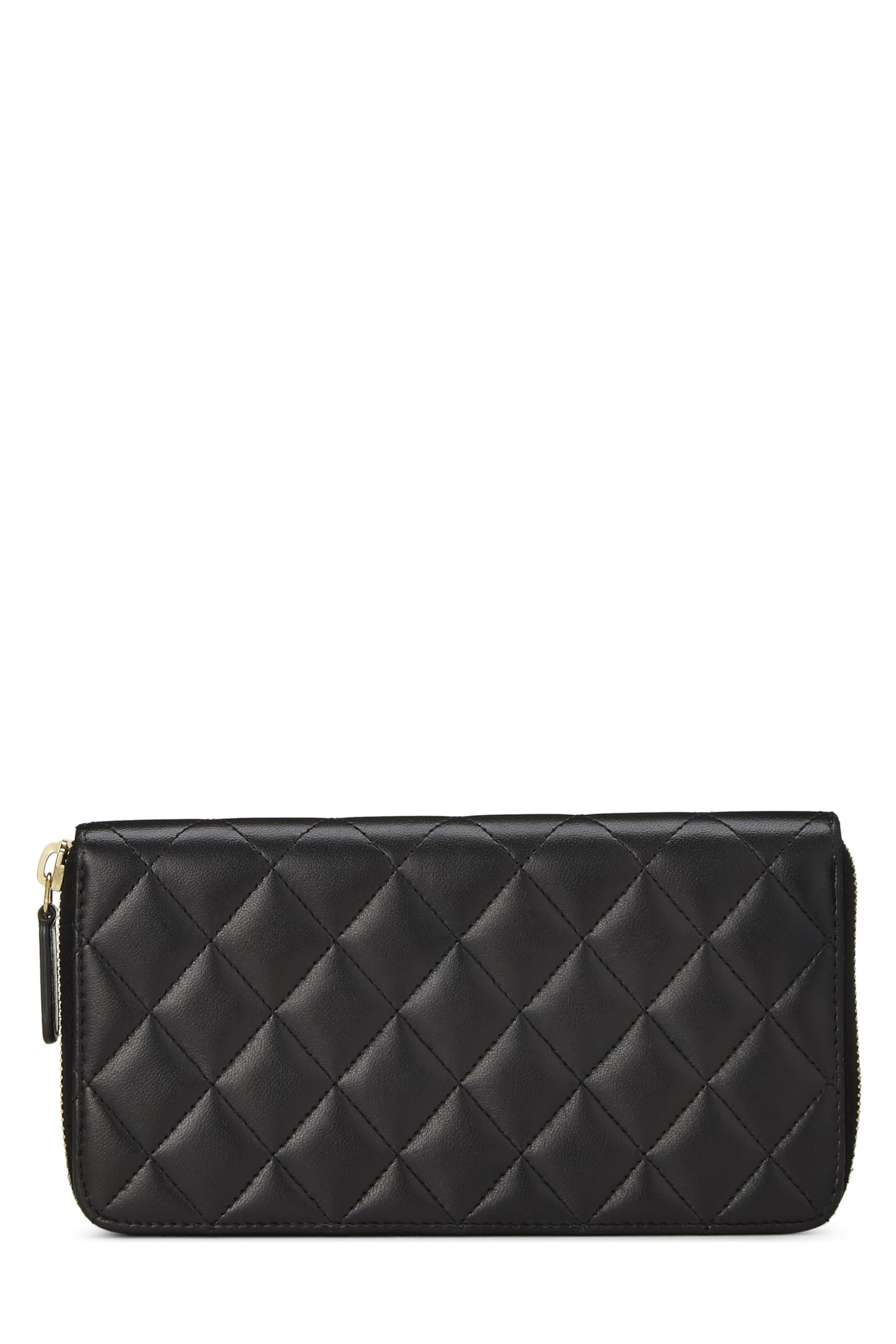 Chanel, portefeuille zippé classique en cuir d'agneau matelassé noir d'occasion, noir