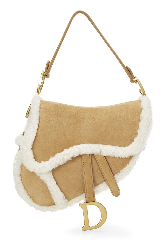 Dior, Pre-Loved Beige Shearling Saddle Bag, Brown