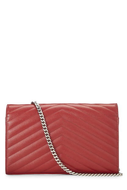 Yves Saint Laurent, Pre-Loved Red Grainy Leather Monogram Wallet on Chain (WOC), Red