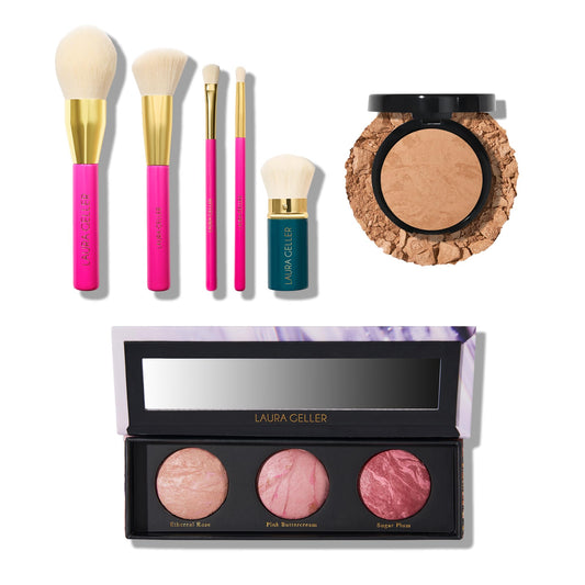 LAURA GELLER NEW YORK Baked Balance-n-Brighten Powder Foundation, Golden Medium + Geller's Greatest Brush Trio + 5pc Full Face Makeup Brush Set