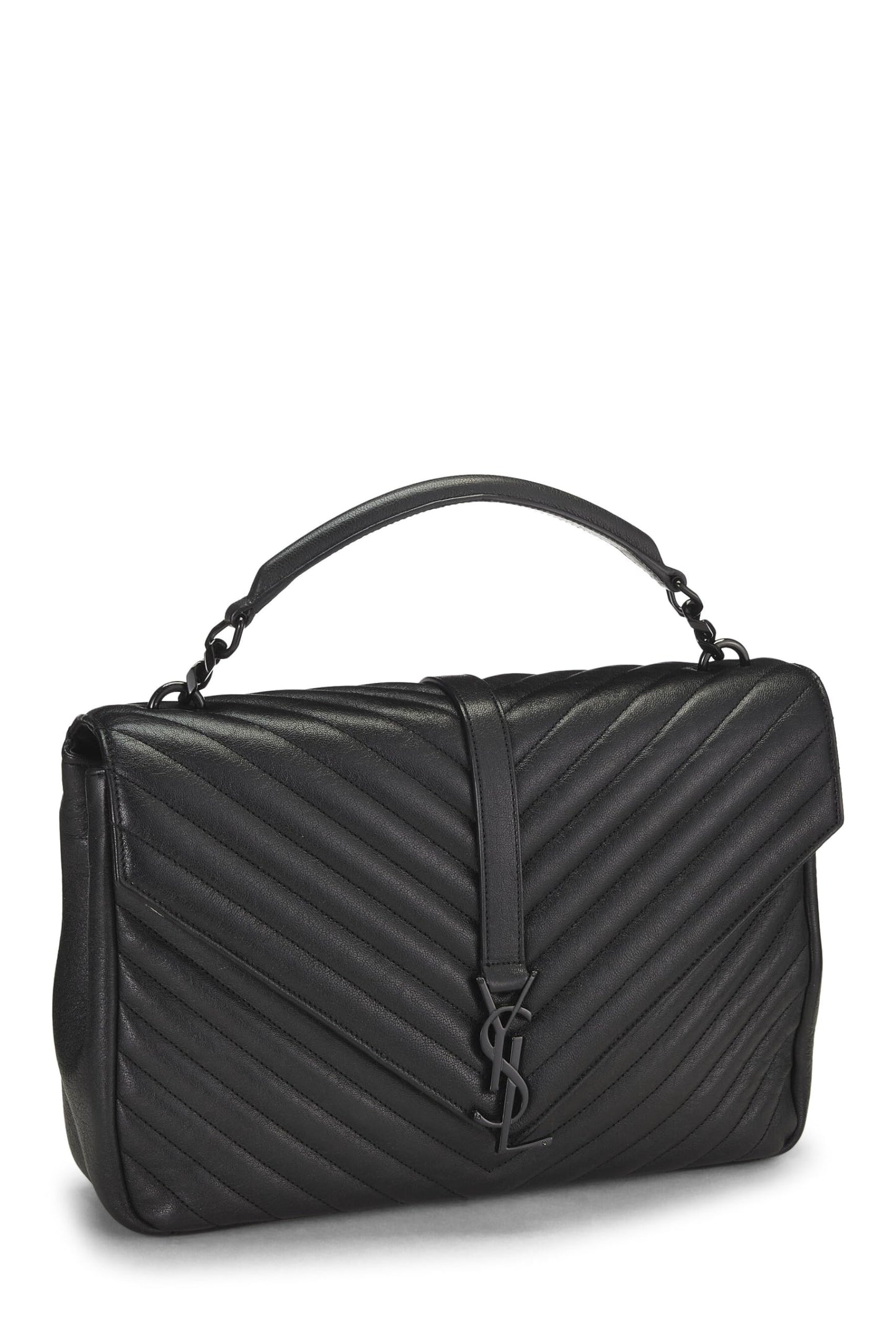 Yves Saint Laurent, Pre-Loved Black Chevron Leather College grande, Negro