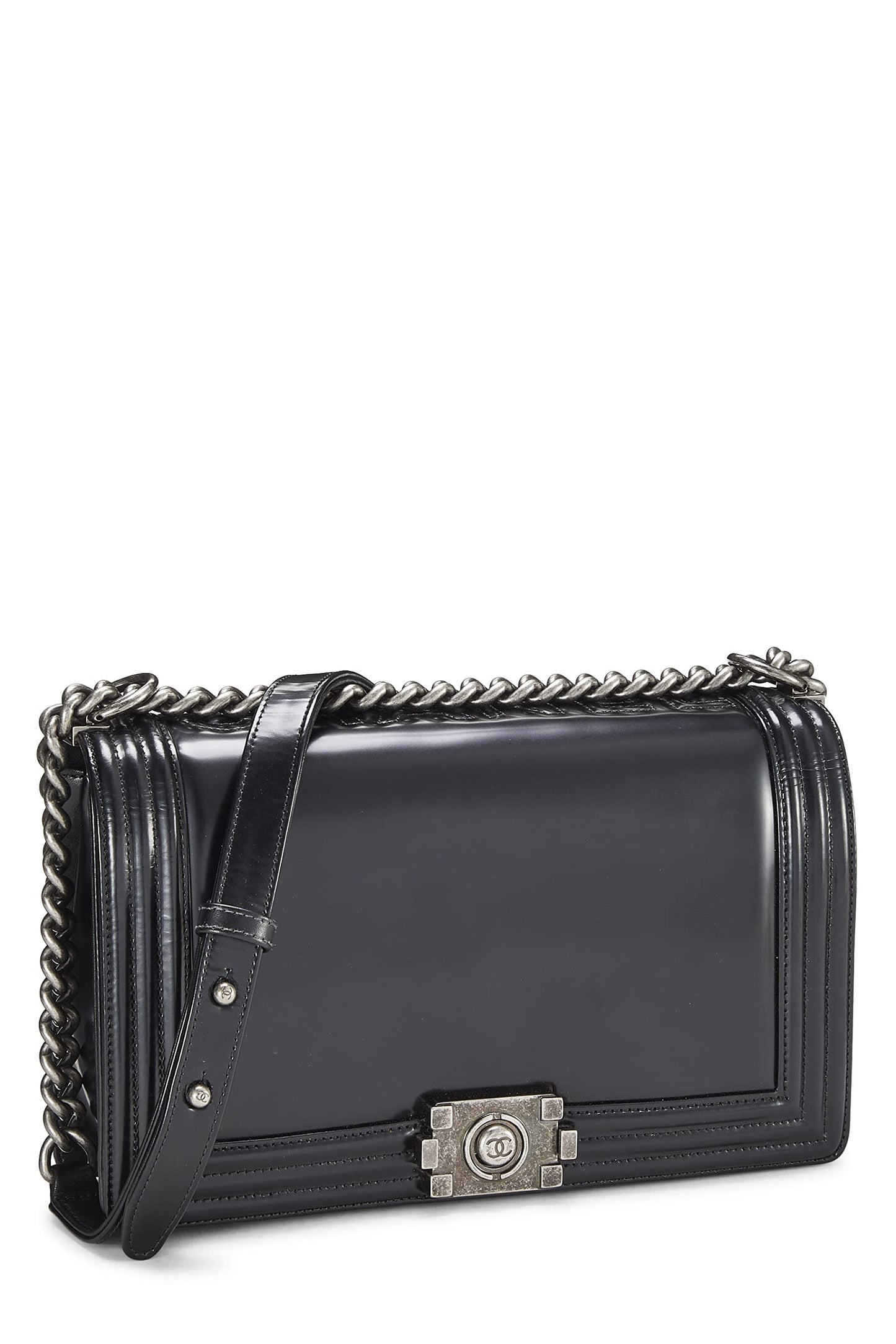 Chanel, sac à main Reverso Boy en cuir de veau noir, grand modèle, d'occasion