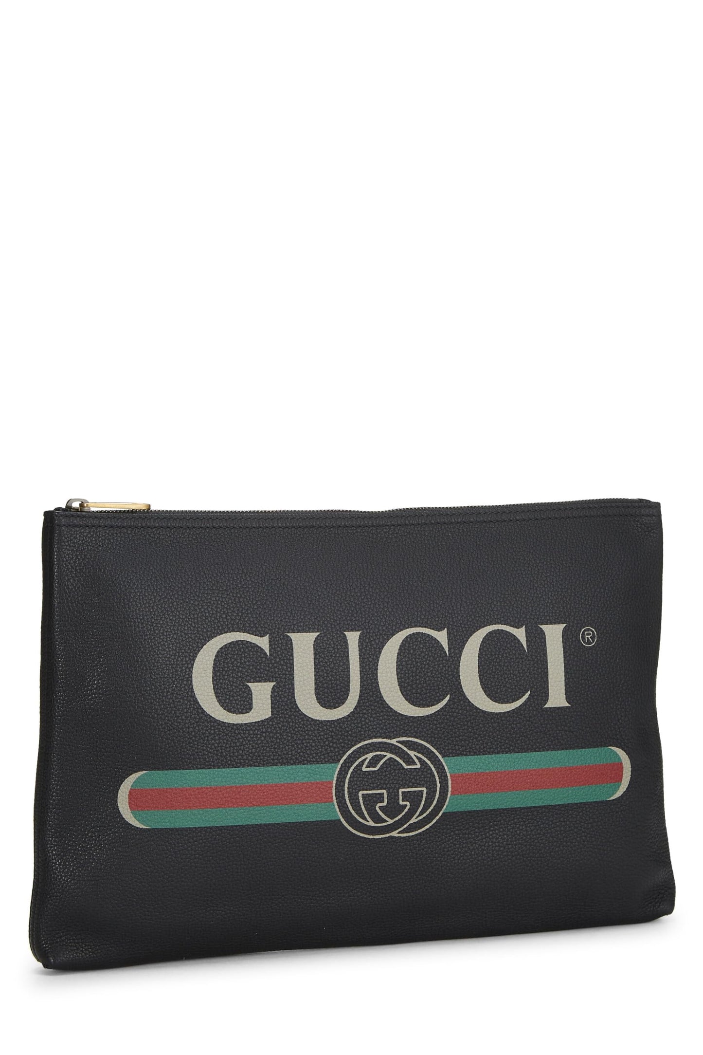 Gucci, Bolso de mano de cuero negro con estampado del logo Pre-Loved, Negro