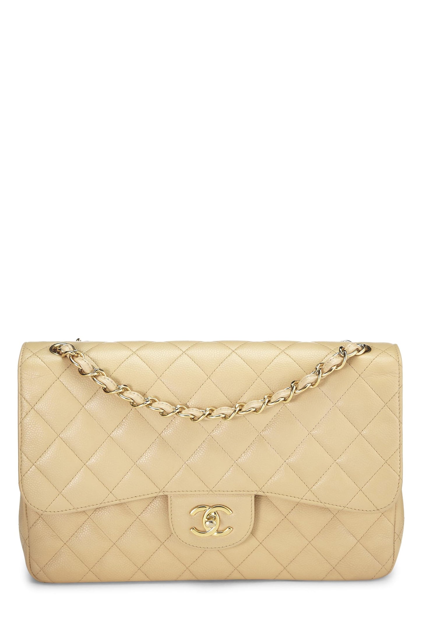 Chanel, Caviar acolchado beige Pre-Loved New Classic Jumbo con doble solapa, Beige