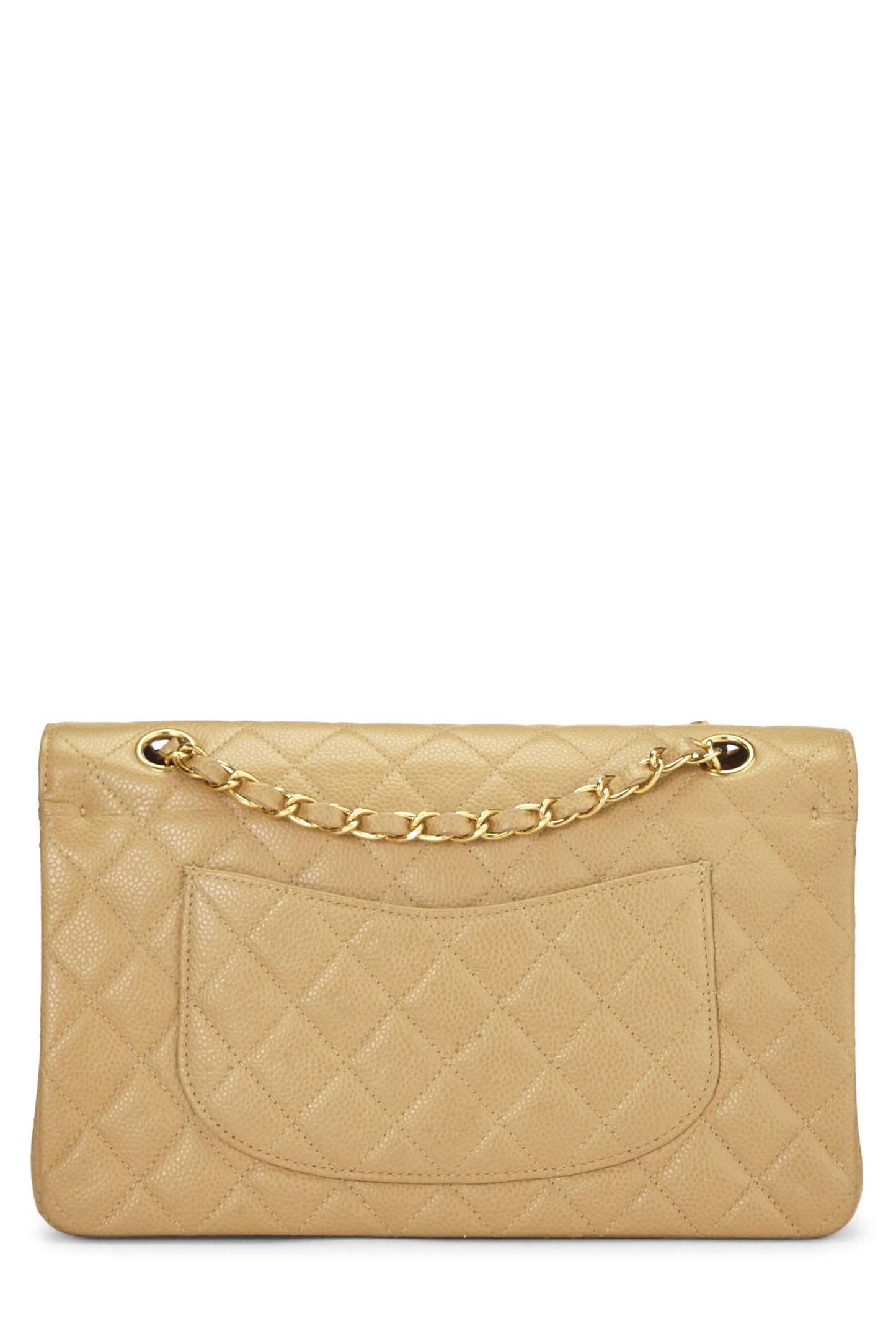 Chanel, sac à rabat double classique matelassé beige caviar d'occasion, taille M, beige