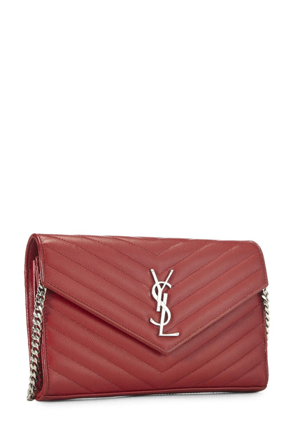 Yves Saint Laurent, Pre-Loved Red Grainy Leather Monogram Wallet on Chain (WOC), Red